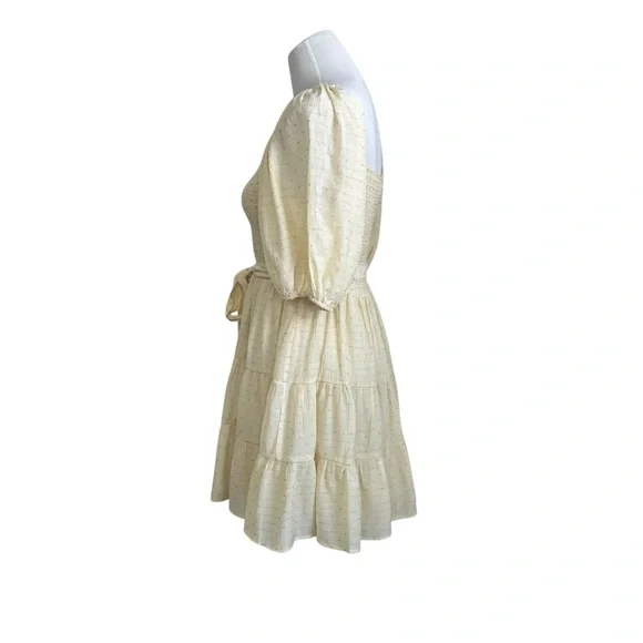 Lovecolette womens Tiered Smocked Tie waist Mini Dress Sz Large Yellow Lined - Picture 5 of 9